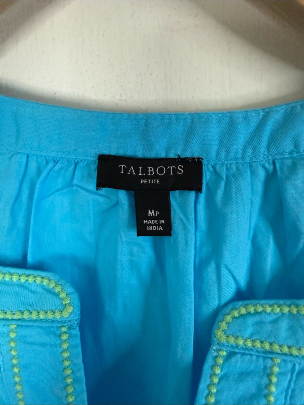 Talbots blue and vibrant light green, voile, embroidered cotton popover top MP - Picture 3 of 8